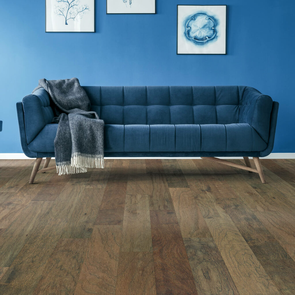 Hardwood flooring with blue sofa | H&amp;R Carpets &amp; Flooring
